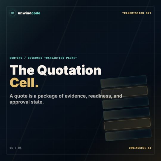 Slide 1 preview: The Quotation Cell with quote package and governed transaction packet copy.