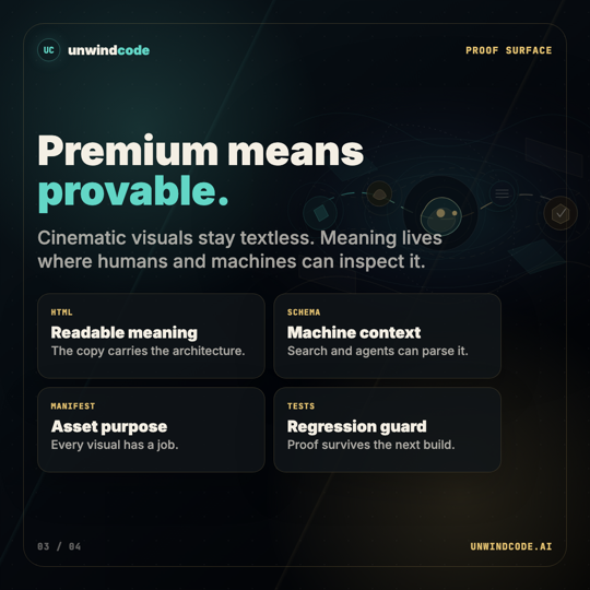 Slide 3 preview: Premium means provable with HTML, schema, manifest, and tests cards.