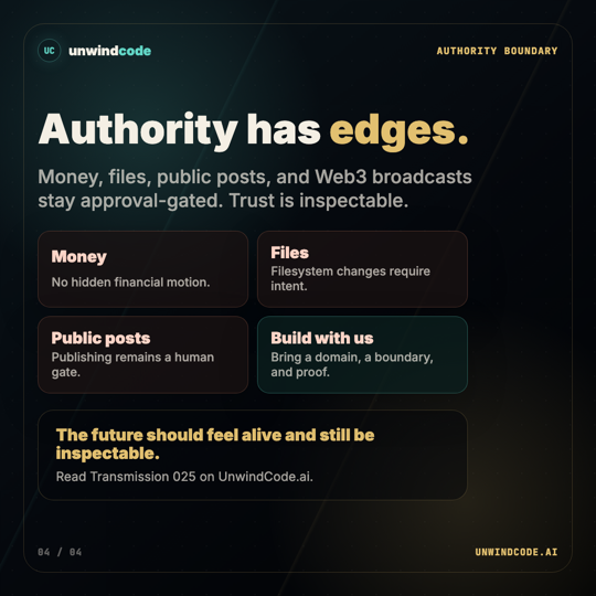 Slide 4 preview: Authority has edges with approval-gated money, files, public posts, and build path.