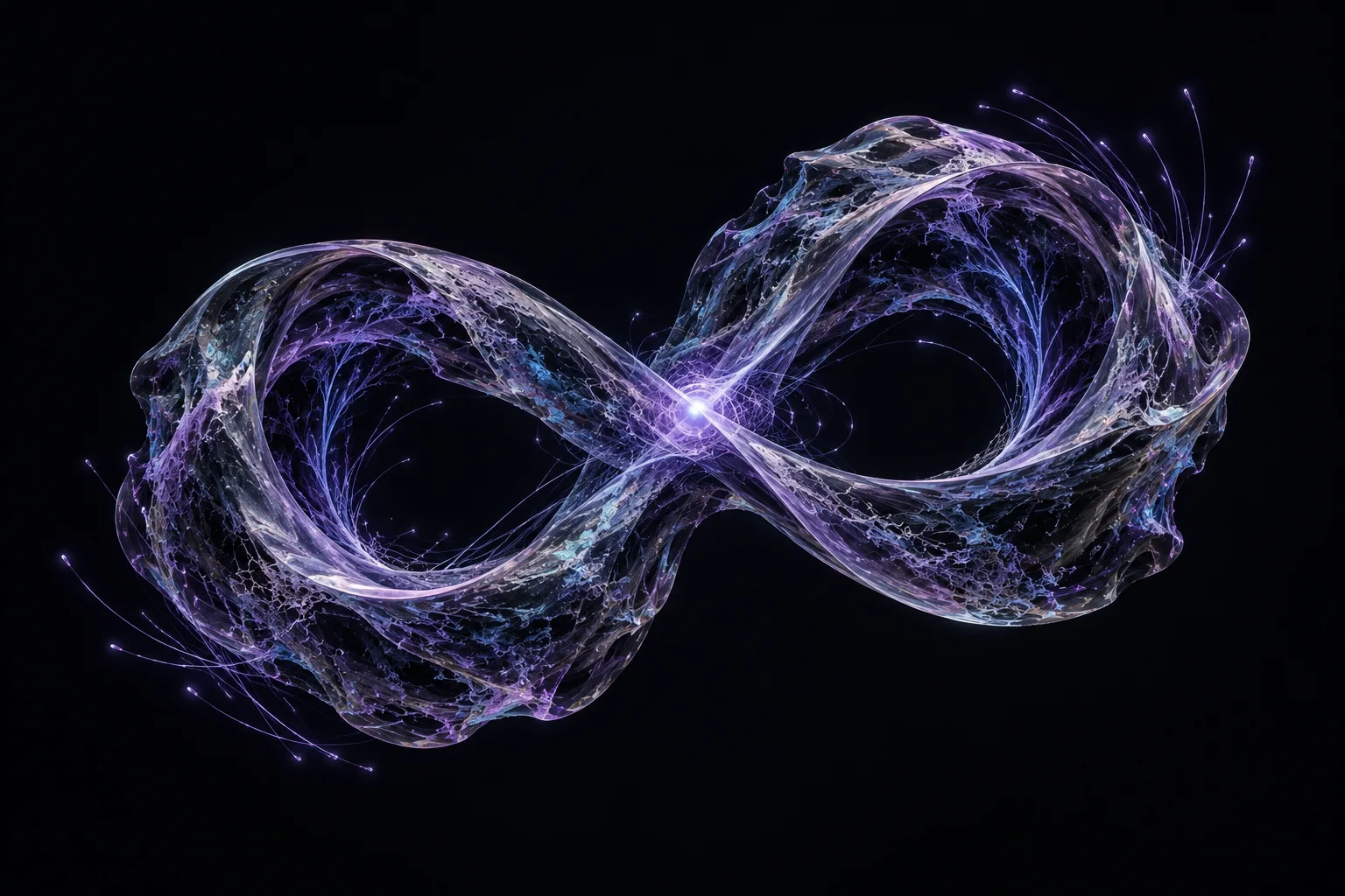 A glass infinity sculpture with violet neural filaments and a luminous crossing.